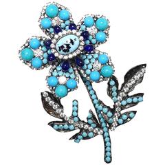 Vintage Lawrence Vrba Large Crystal and Turquoise 3D Floral Brooch 