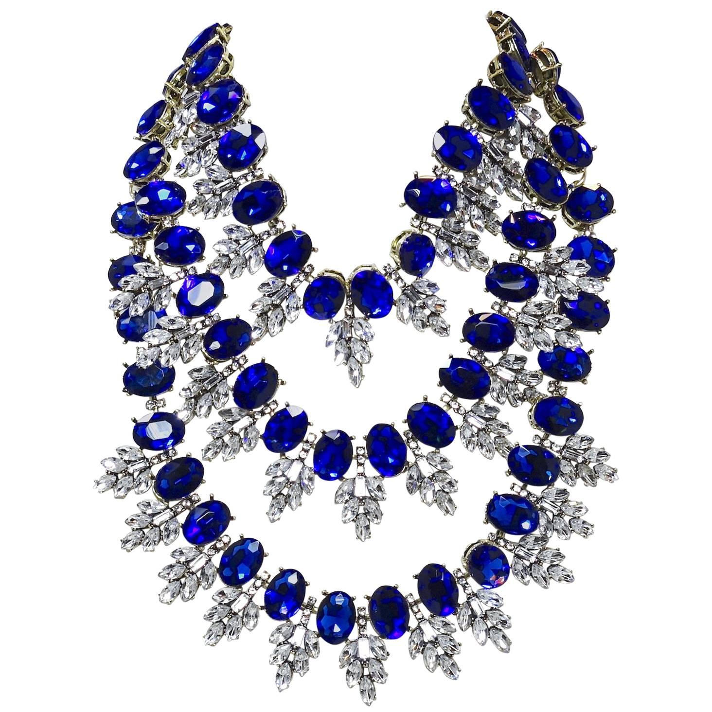MASSIVE Cobalt Blue & Sparkling Ice Rhinestone Drippy Glass Bib Necklac