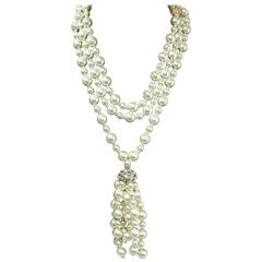 Designer Anka Triple Strand Pearl Drop Tassel Necklace