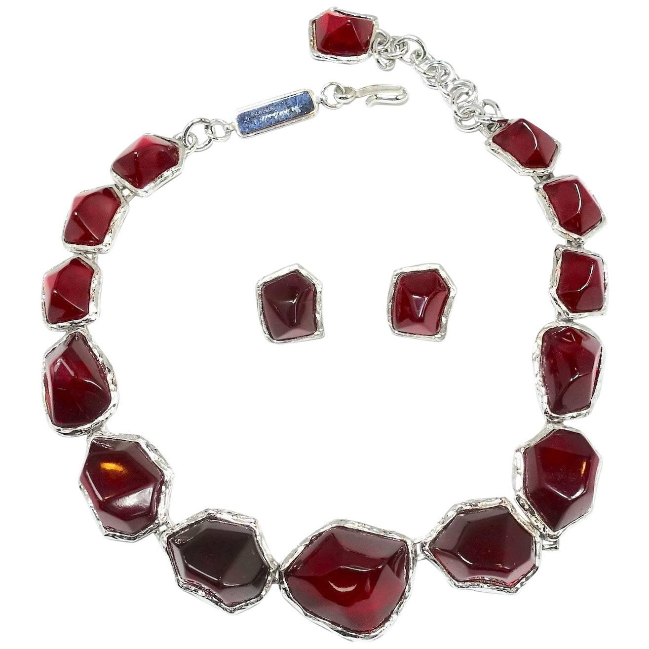 Limited Edition Yves Saint Laurent Red Gripoix Glass Necklace & Earring Set For Sale