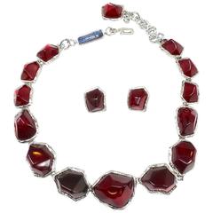 Limited Edition Yves Saint Laurent Red Gripoix Glass Necklace & Earring Set