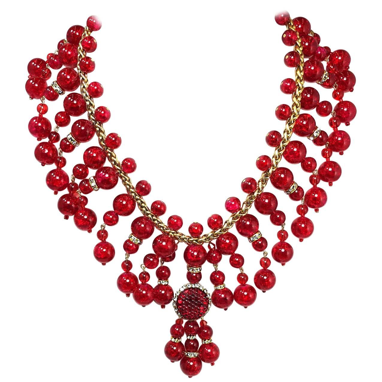 Signed Anka Red Glass Bib Necklace  For Sale