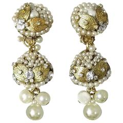 Vintage 1950s DeMario Faux Pearl Drop Clip Earrings