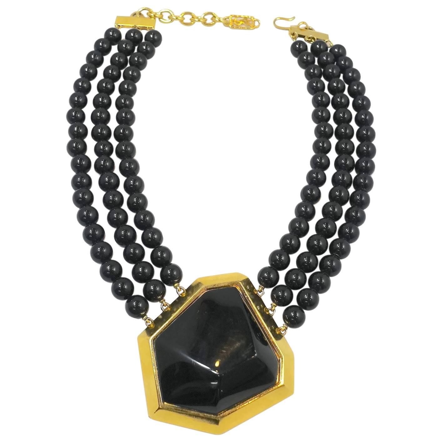 Vintage Couture Yves Saint Laurent Black V Necklace For Sale