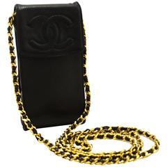 Retro CHANEL Cell Phone Case Caviar Chain Shoulder Bag Black iPhone 