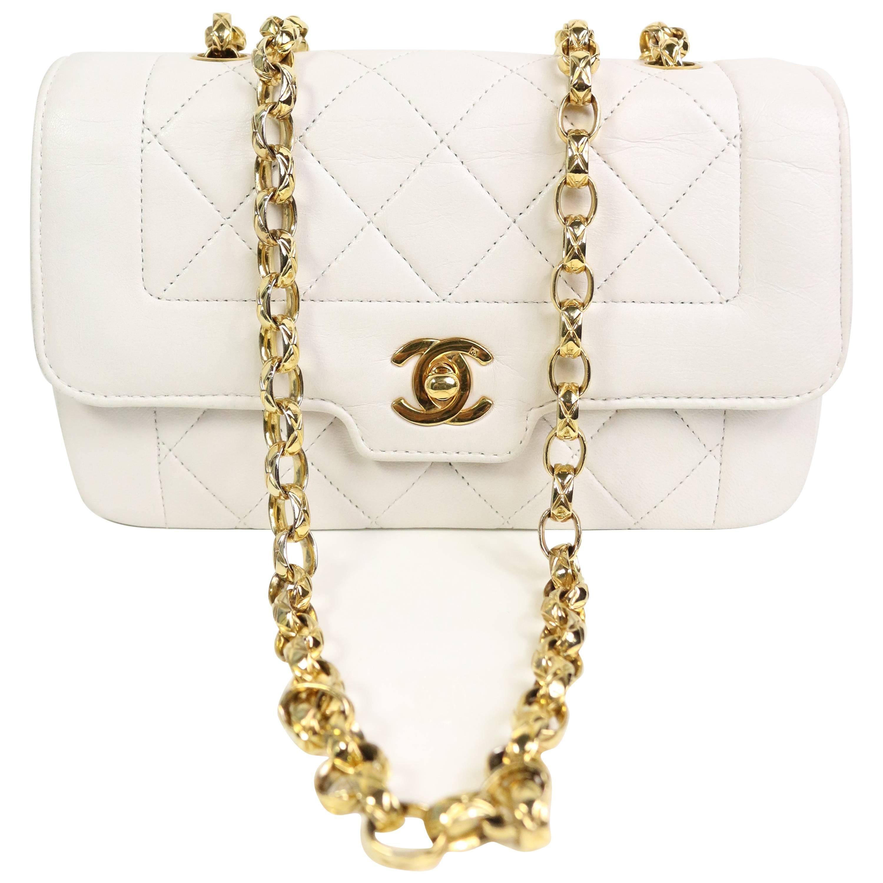 Chanel White Quilted Lambskin Mini Flap Bag with Gold Chain