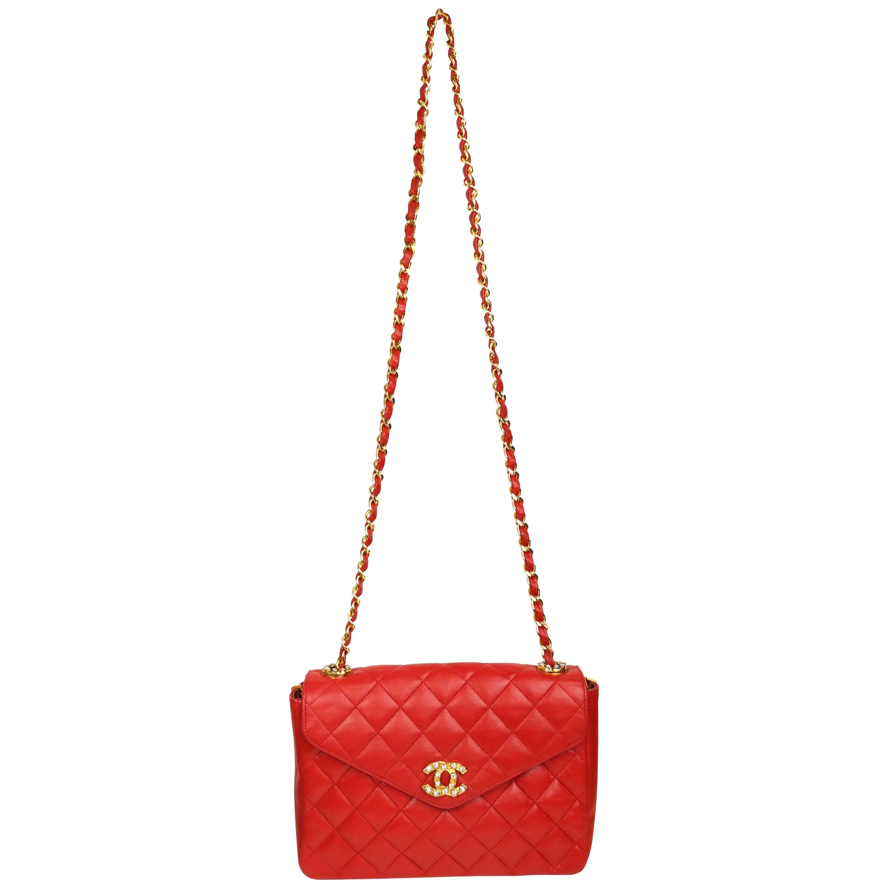 Chanel Classic Red Quilted Lambskin Leather CC Rhinestones Flap