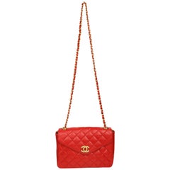 Chanel Classic Red Quilted Lambskin Leather "CC" Rhinestones Flap Shoulder Bag