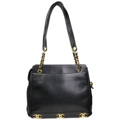 Vintage Unused Chanel Black Caviar Leather Gold "CC" and Gold Chain Shoulder Bag