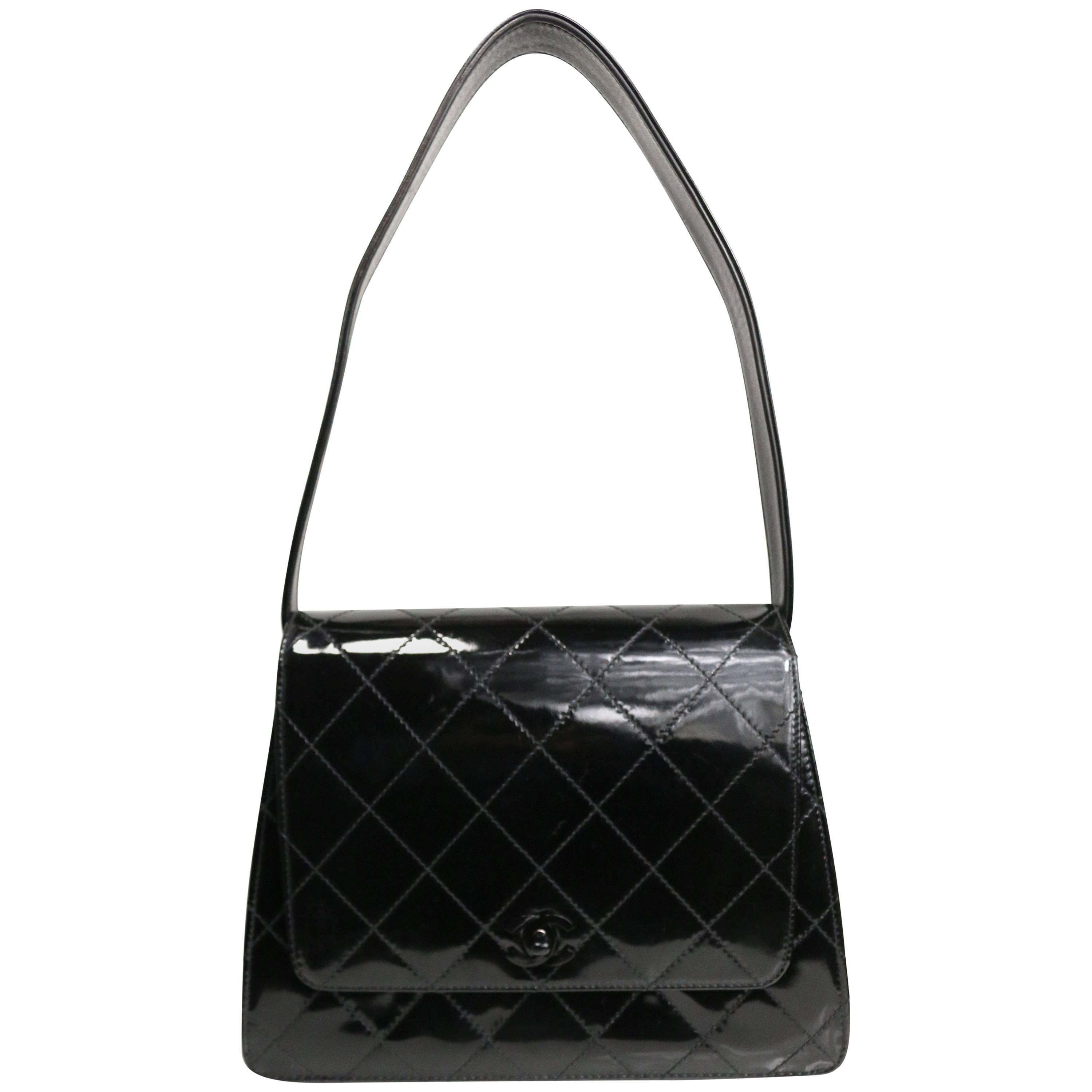 Chanel Black Quilted Patent Leather Handbag at 1stDibs