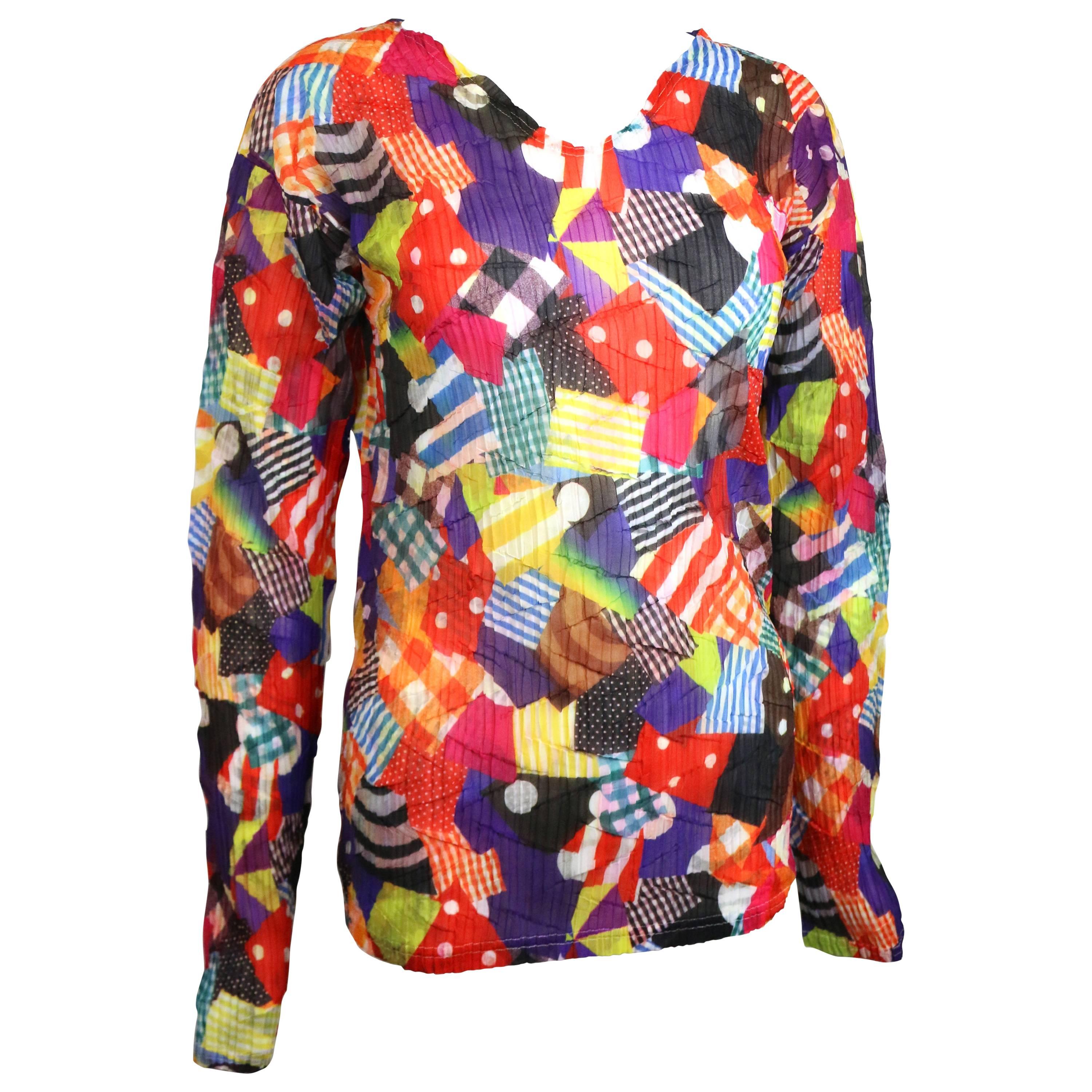 Issey Miyake Multi Colour and Pattern Long Sleeves Pleated Top For Sale