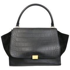 Celine Black Crocodile Stamp Calfskin and Suede Leather Medium Trapeze Handba