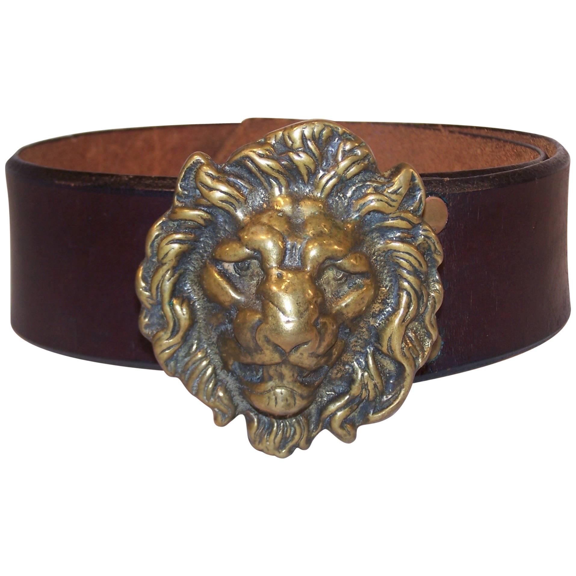 C.1970 Brass Lion & Brown Leather Belt Made in England for Lord & Taylor