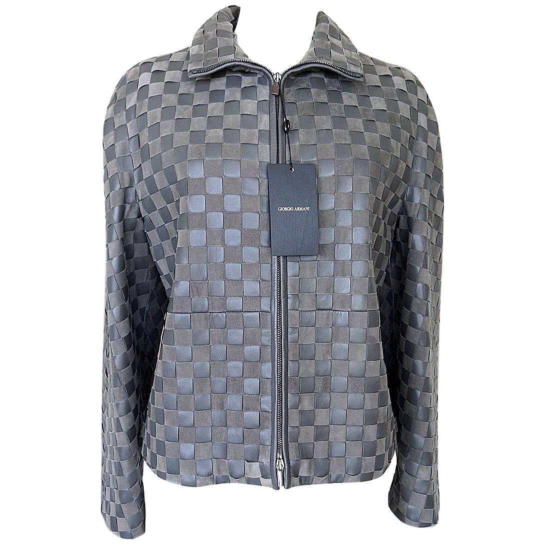 Giorgio Armani Jacket Woven Leather and Suede Taupey Gray  48 