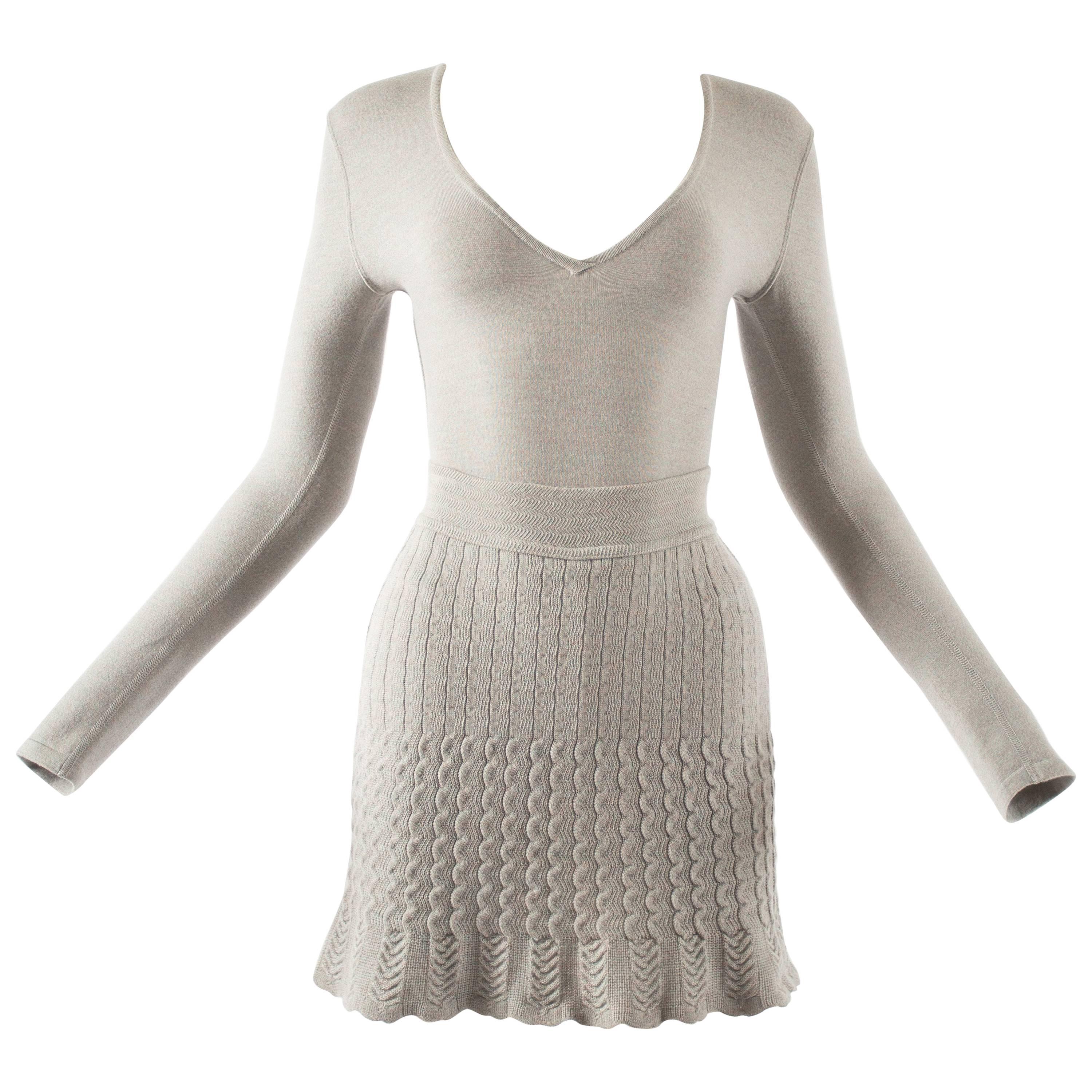 Alaia 1990s dove grey knitted bodysuit and mini skirt ensemble 