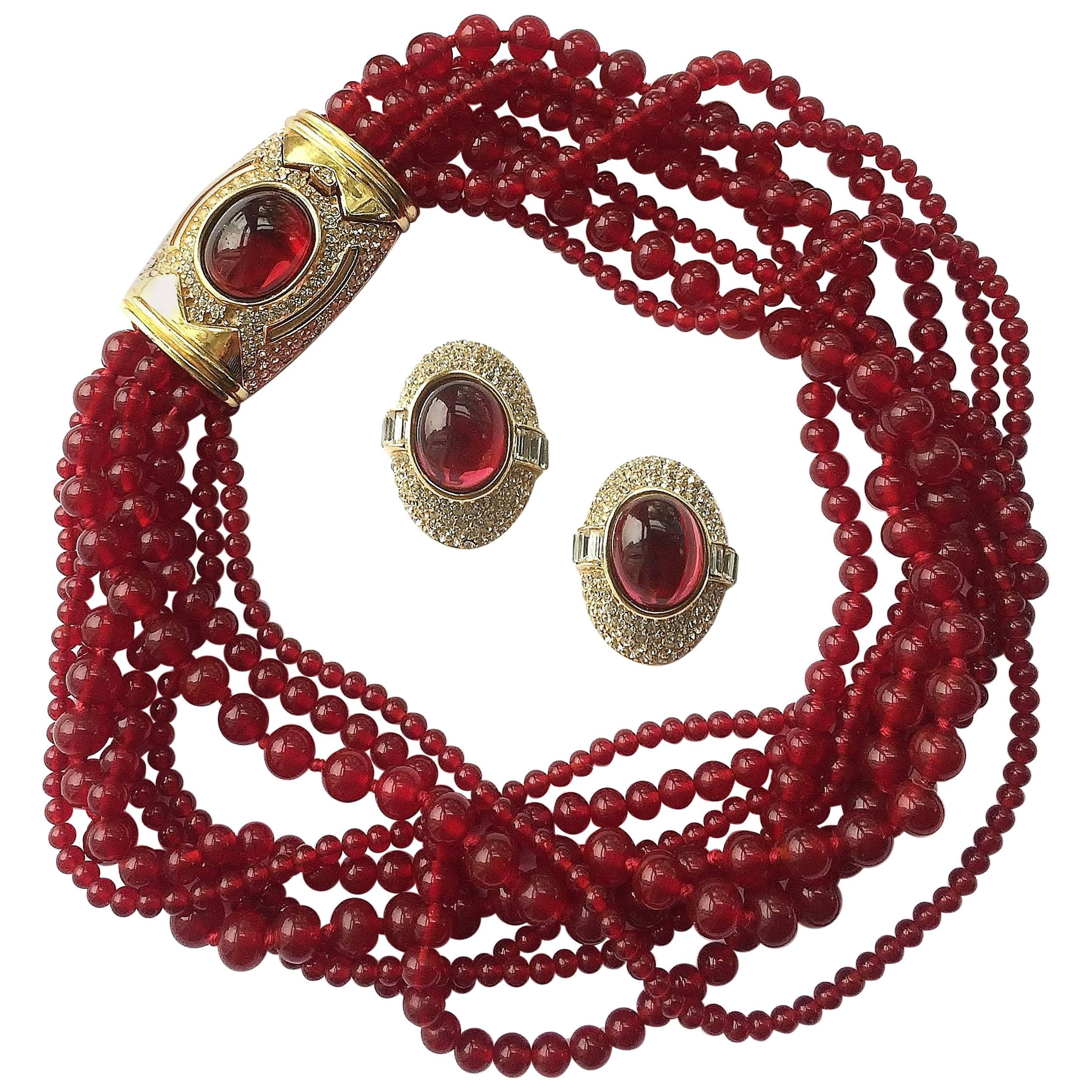 1980s Ciner garnet glass necklace and earrings set