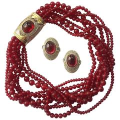 1980s Ciner garnet glass necklace and earrings set 1