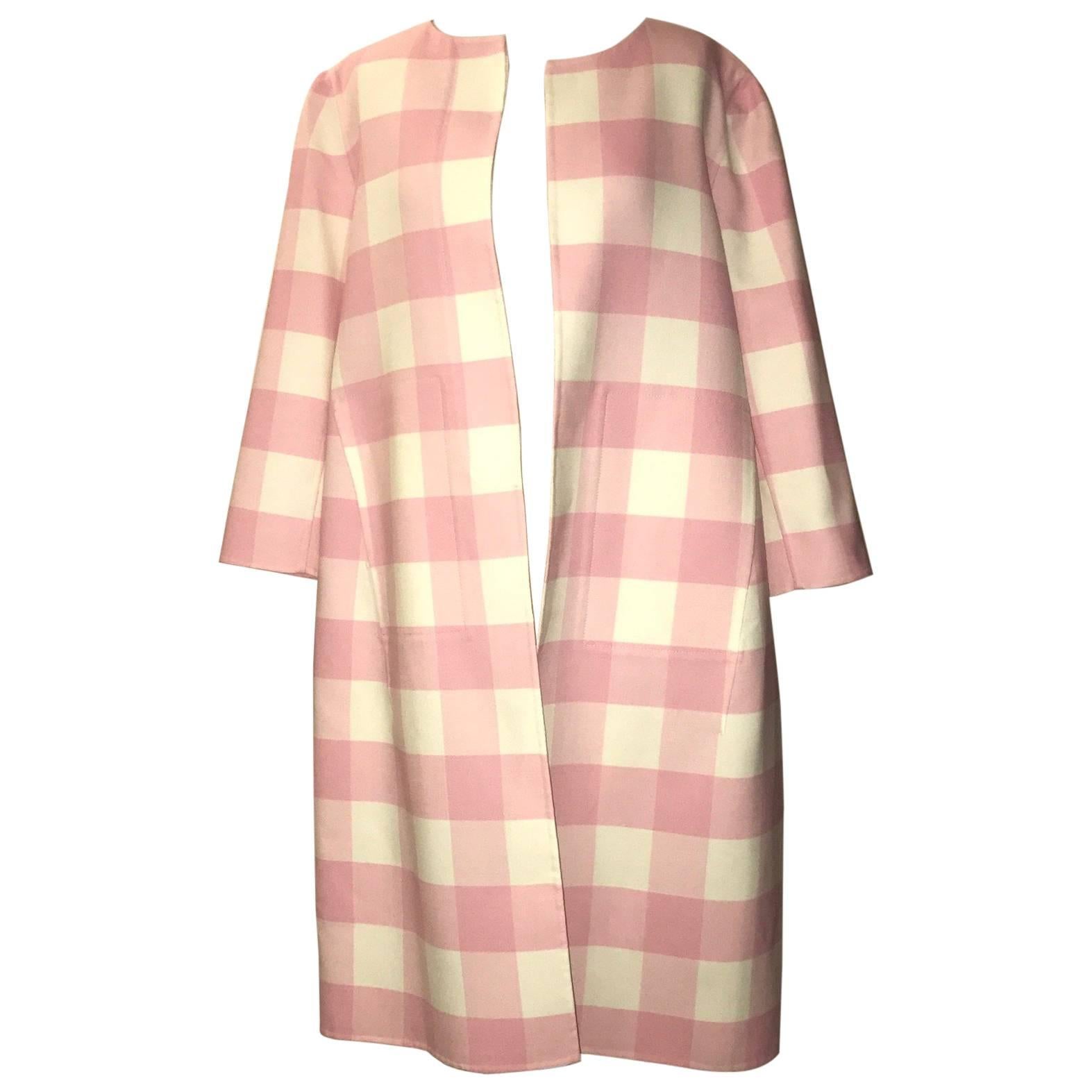 Oscar de la Renta Runway Pink White Buffalo Check Virgin Wool Coat, 2015 