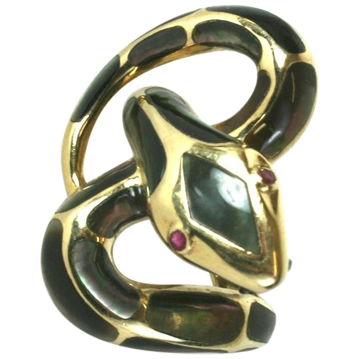 Unusual Mother of Pearl Inlaid Snake Ring