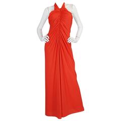 1970s Frank Usher Coral Jersey Backless Halter Dress 2