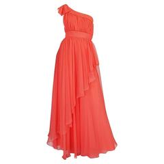 1960s One Shoulder Coral Chiffon & Rhinestone Dress 10