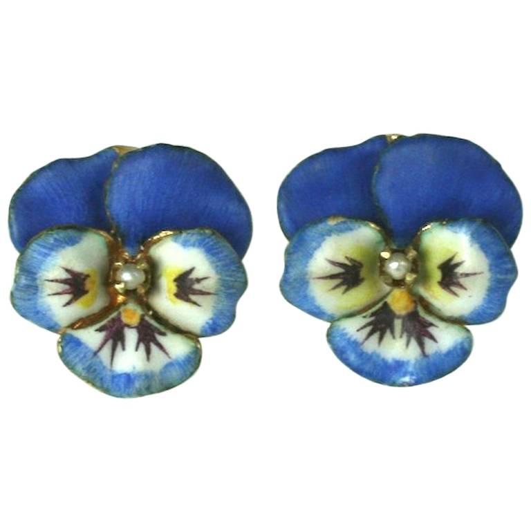 Delicate Blue Enamel Pansy Earrings