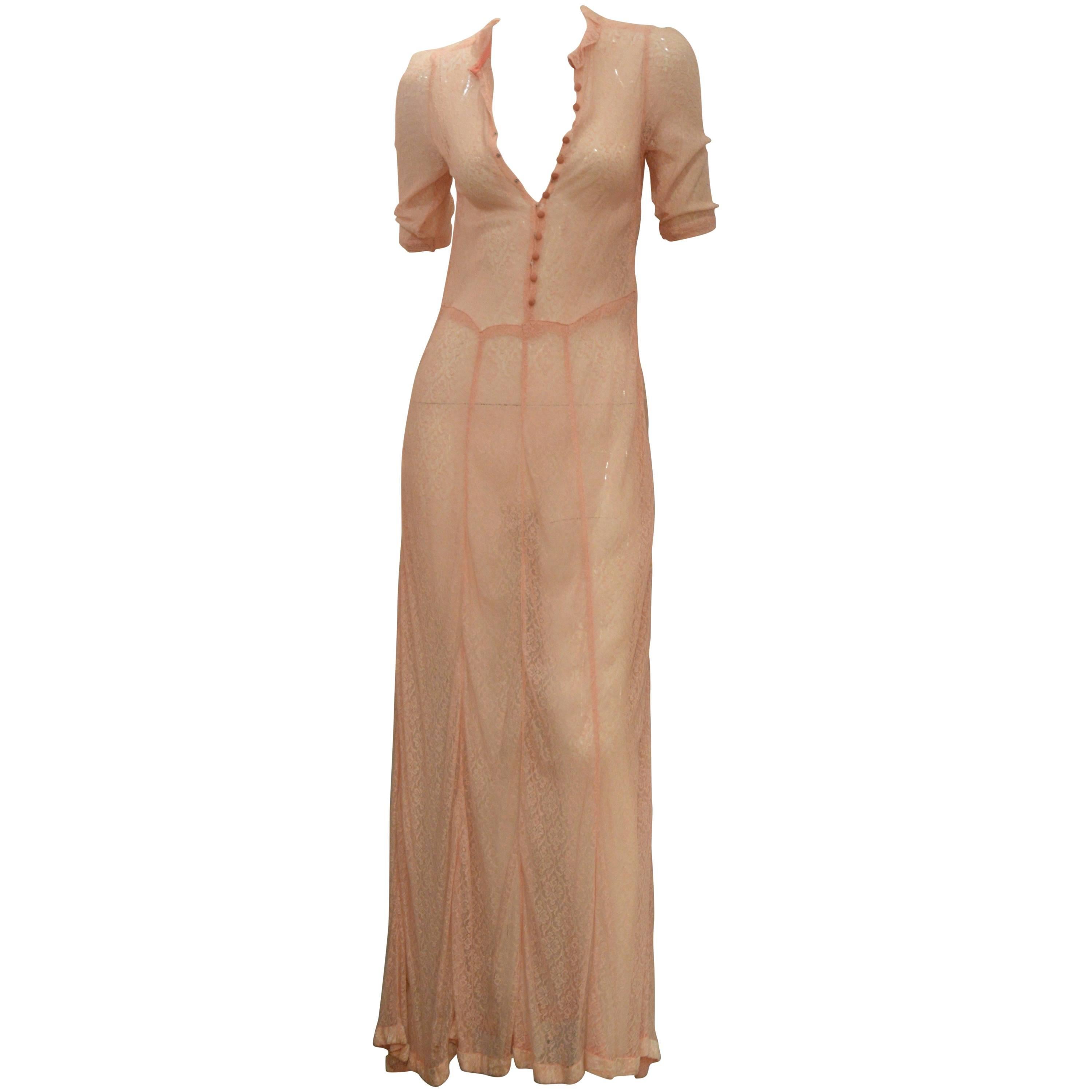 Rare 1920s Delicate Pink Lace Long Blouse Dress For Sale