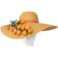 40s Straw Picture Hat Embellished with Handmade Fruit and Oversize Horse Fly