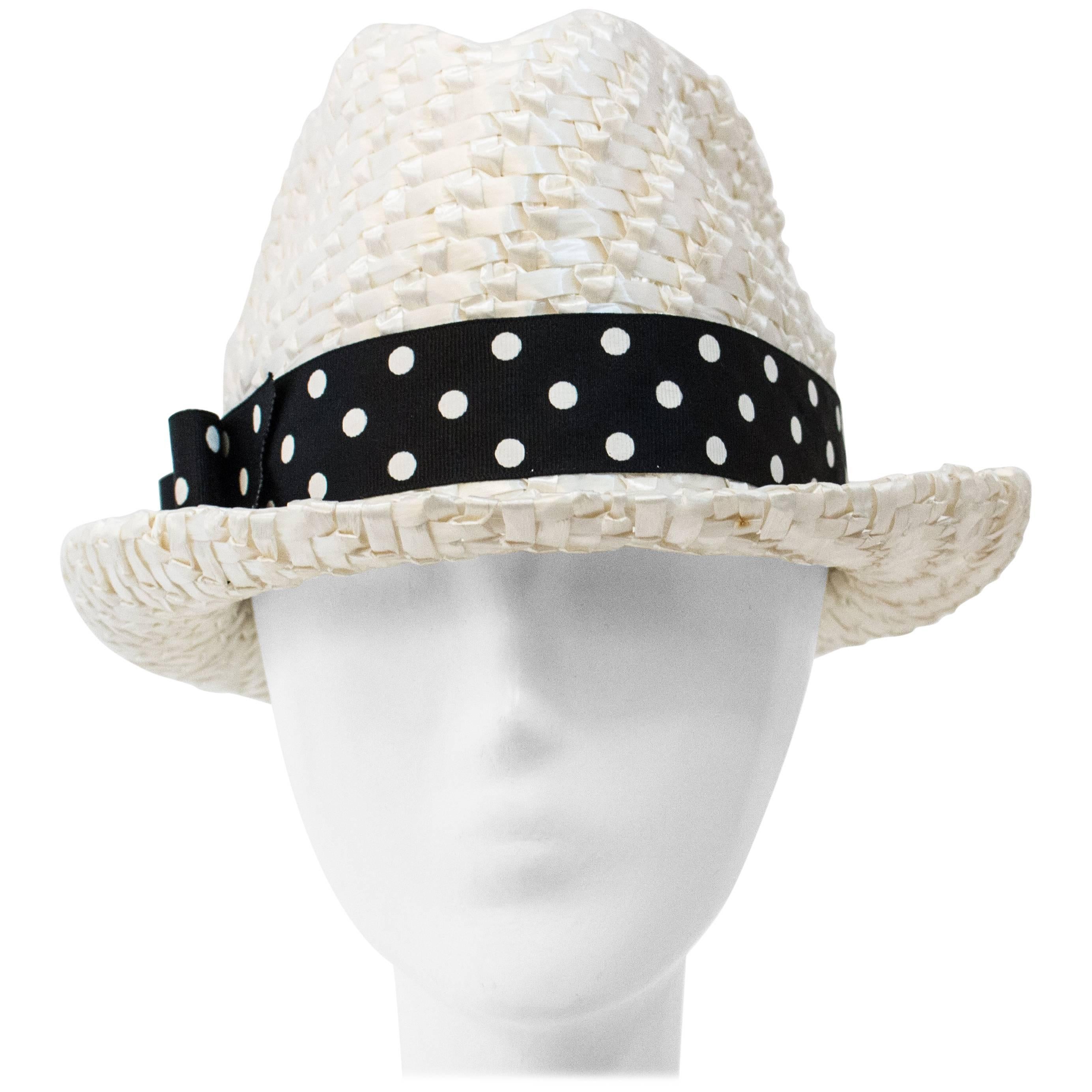 60s White Straw Hat with Polka Dot Hat Band For Sale