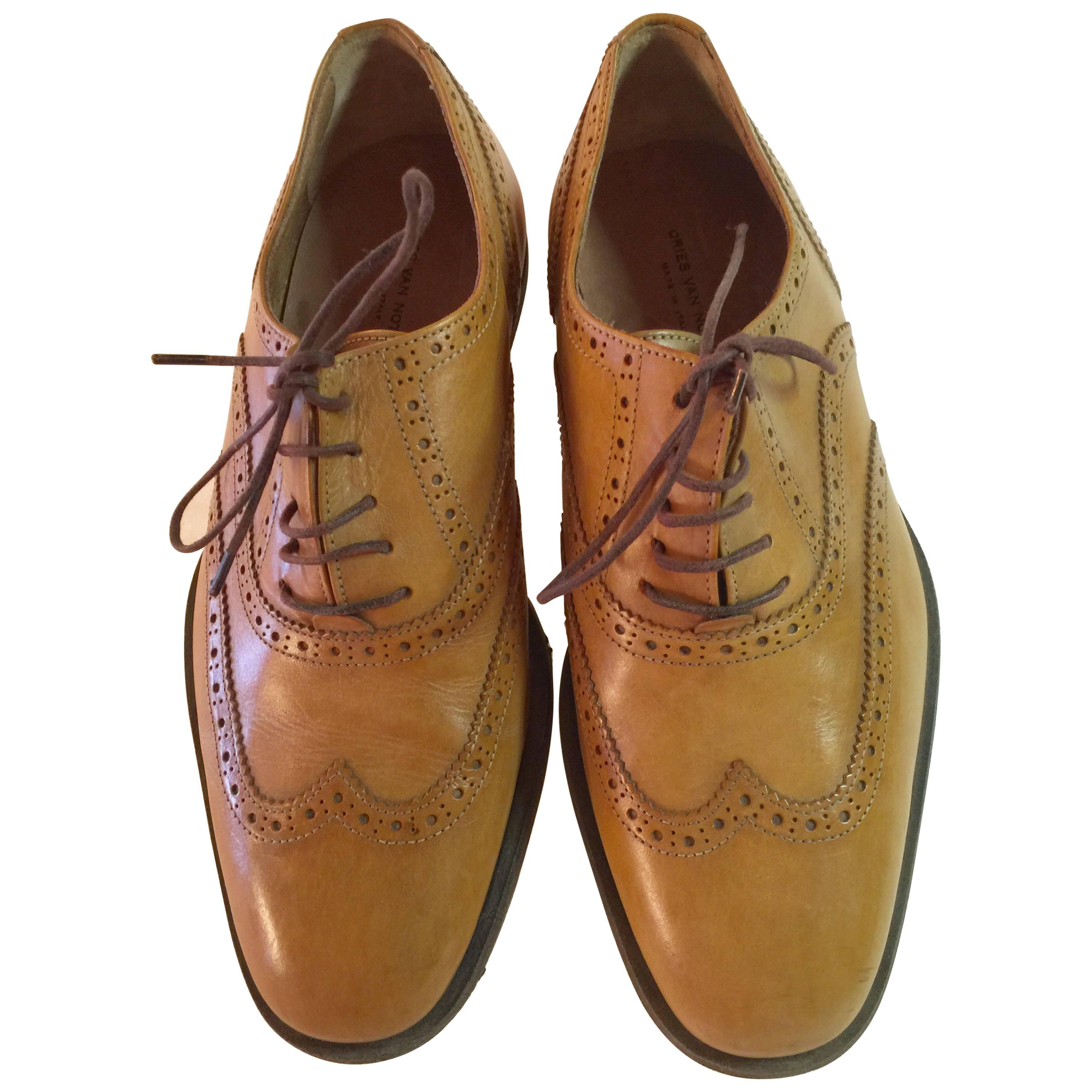 Dries van Noten Camel Leather Italian Brogue Low Heel Lace Shoe Ladies For Sale