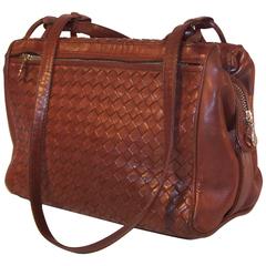 C.1980 Bottega Veneta Brown Intrecciato Leather Satchel Handbag