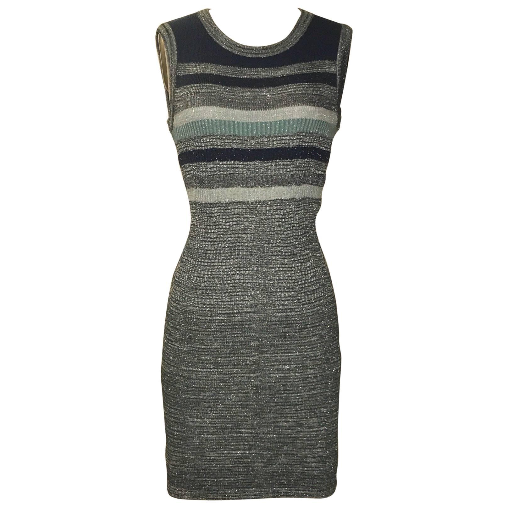 Chanel Blue and Grey Metallic Stripe Stretch Knit Bodycon CC Logo Dress 