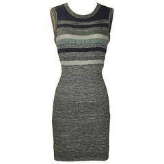 Chanel Blue and Grey Metallic Stripe Stretch Knit Bodycon CC Logo Dress