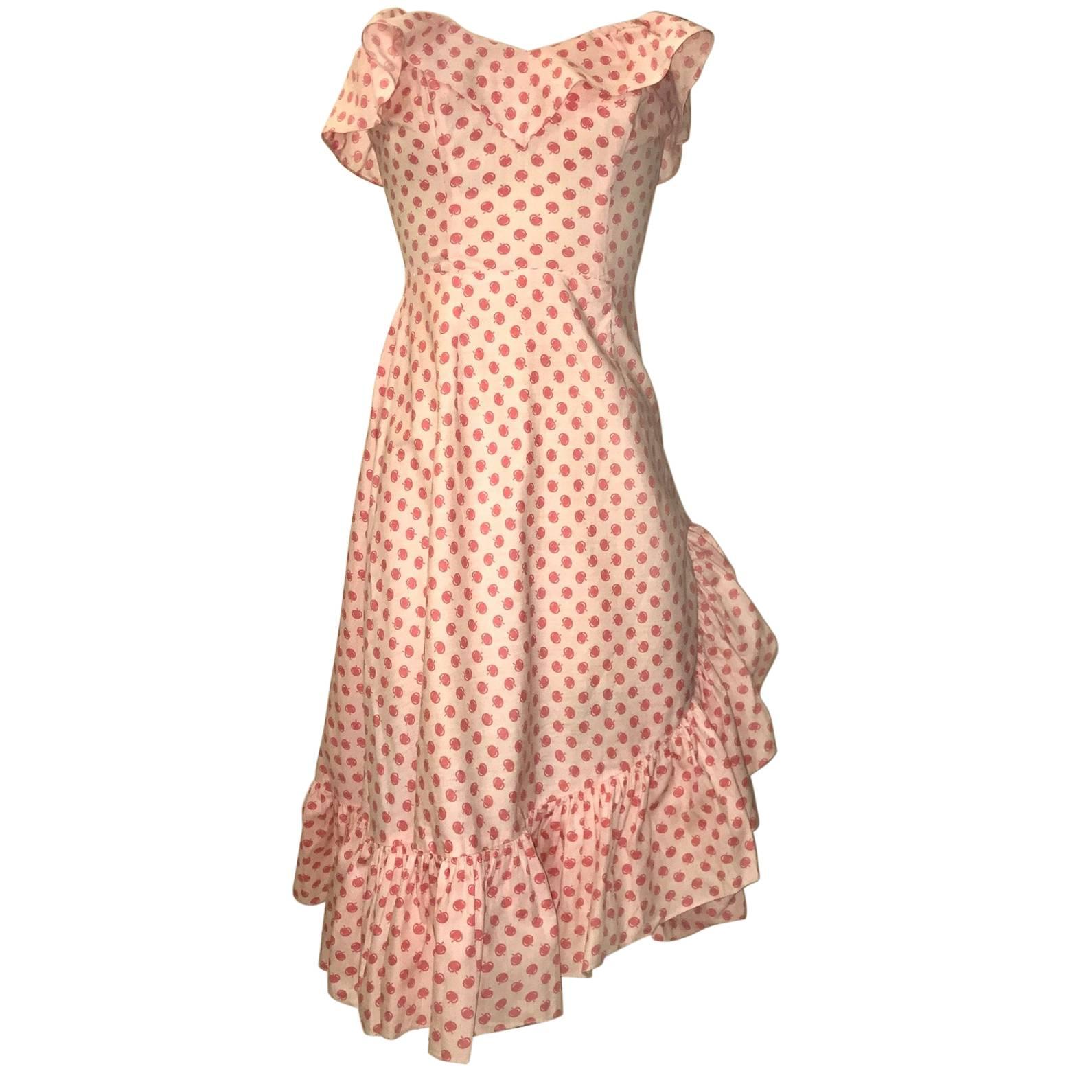 Margaret Newman 1950s Pink Apple Cherry Print Ruffle Sun Dress with Shawl