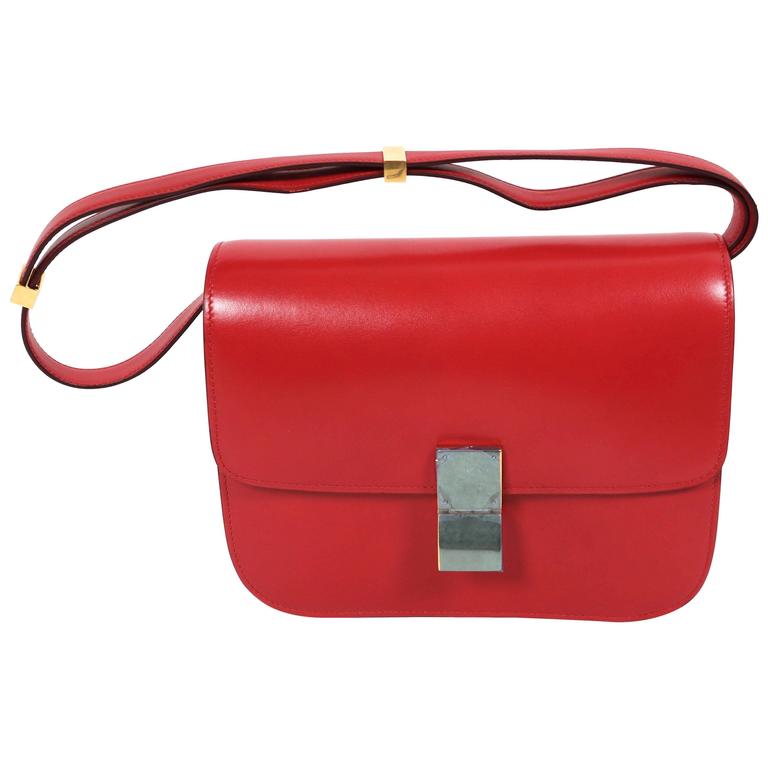 CELINE Box Calfskin Medium Classic Box Flap Red Crossbody Bag