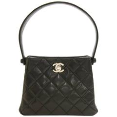 Chanel 7" Black Quilted Leather Mini Hand Bag Silver HWD