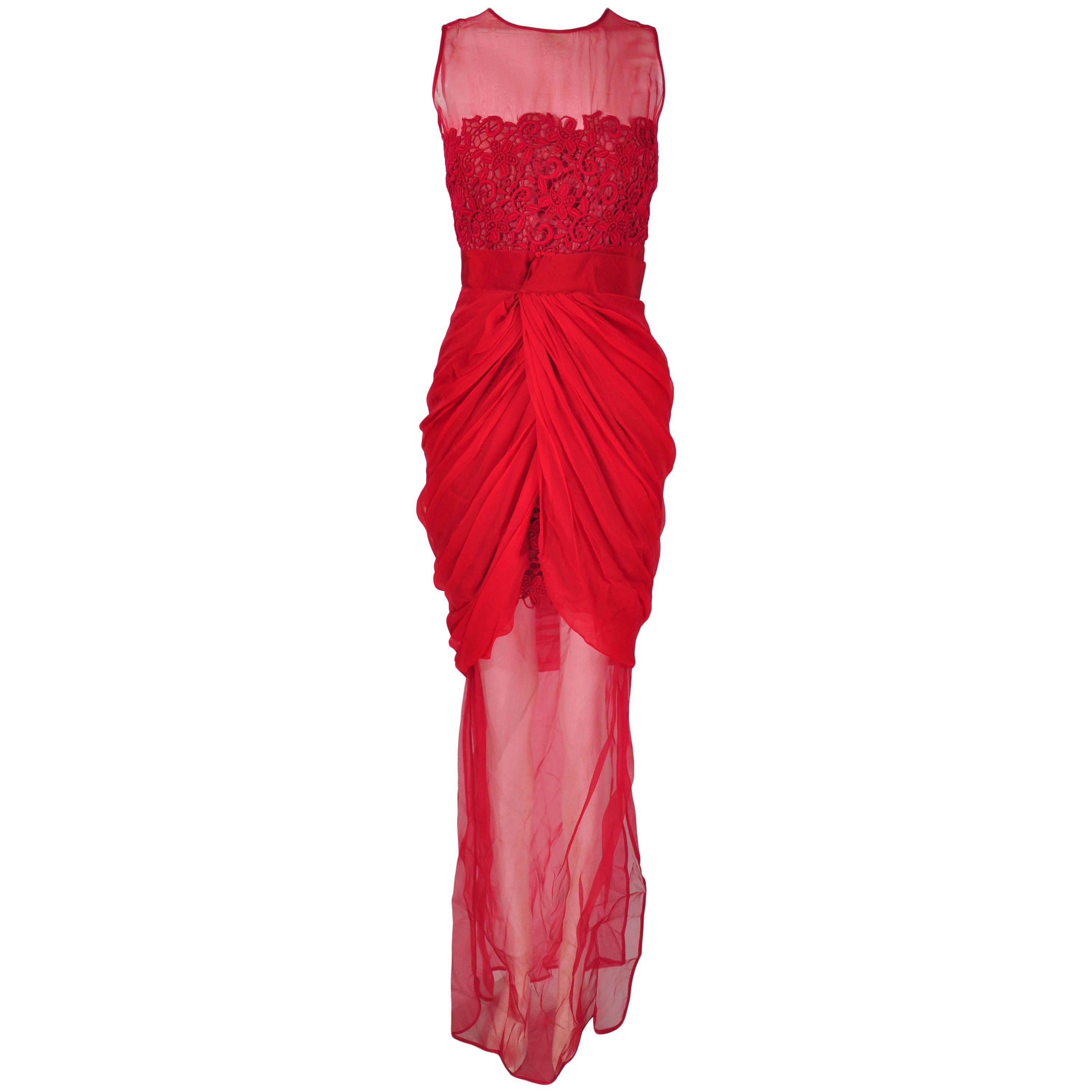 Giambattista Valli Red & Sheer Guipure Lace Appliqued Evening Dress For Sale