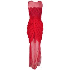 Giambattista Valli Red & Sheer Guipure Lace Appliqued Evening Dress