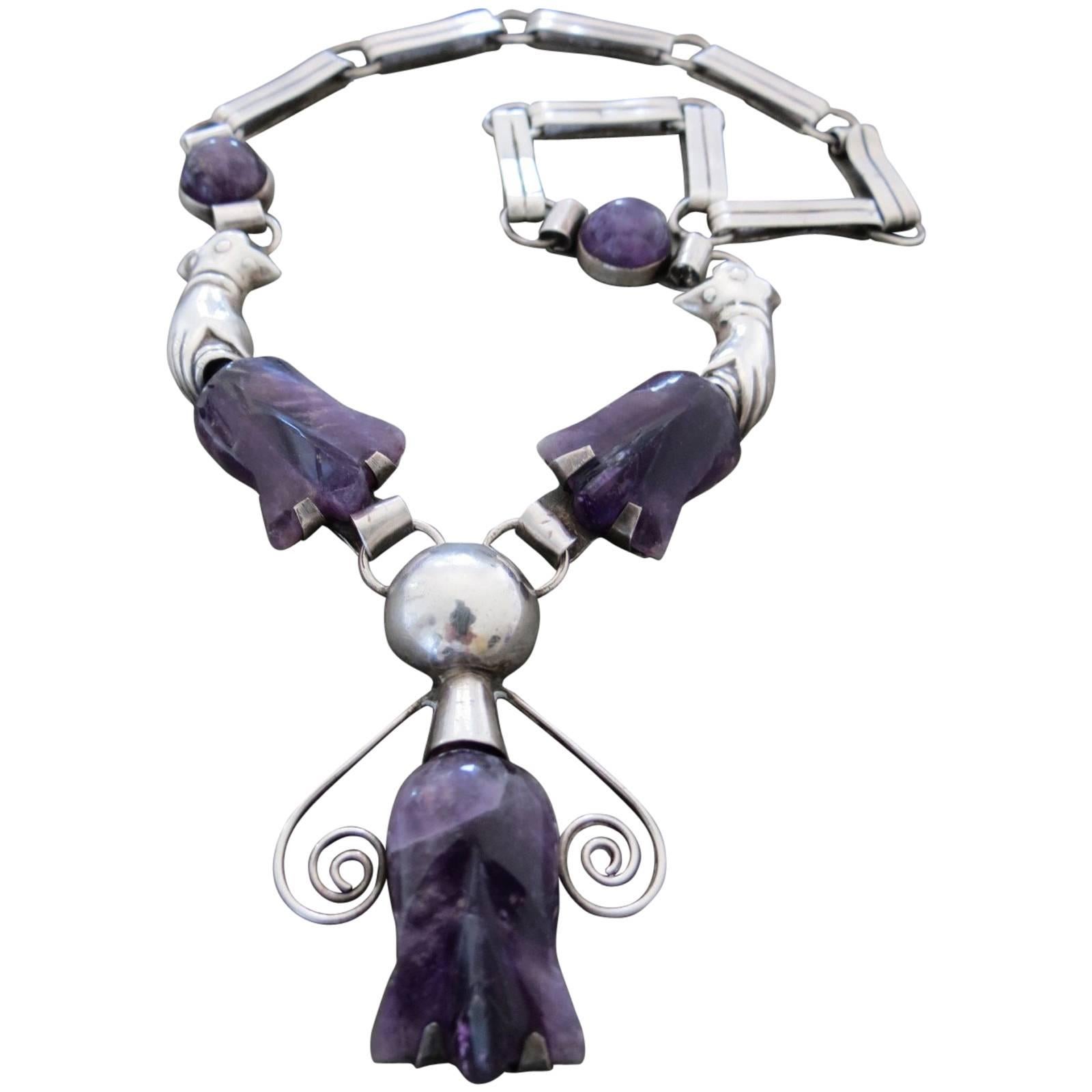 Vintage Carved Amethyst Mexican Silver Necklace Tulip Design William Spratling For Sale
