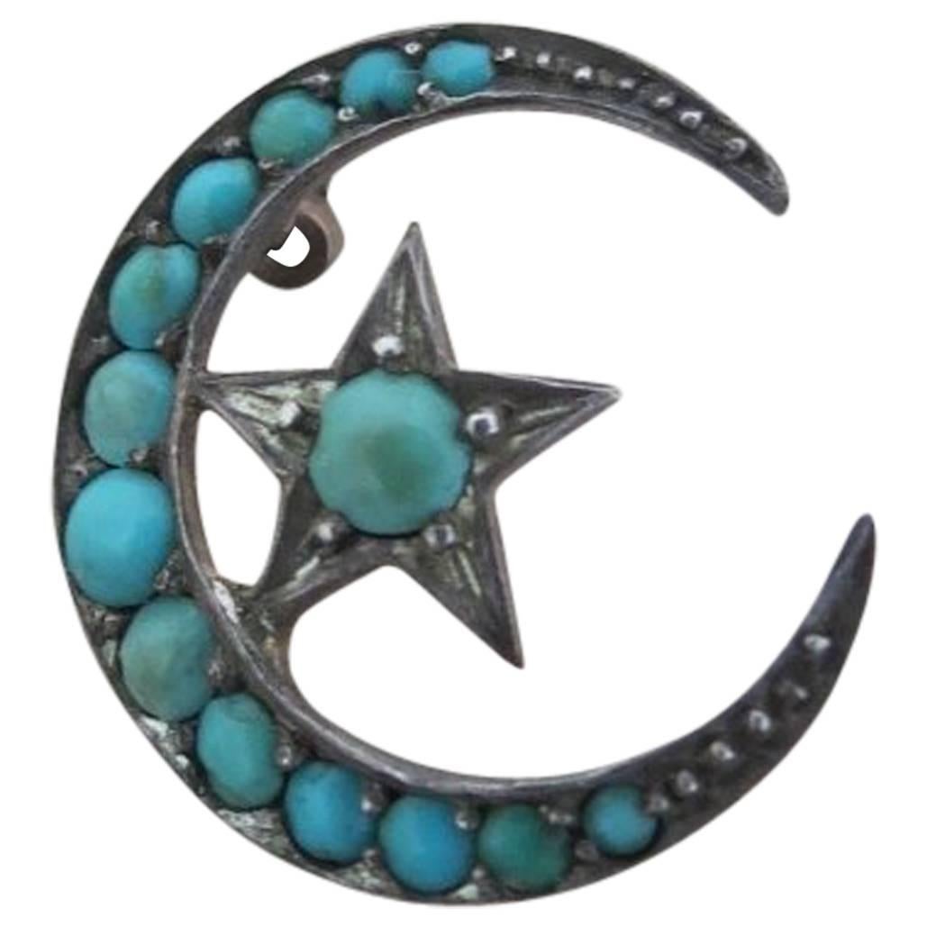 Victorian Silver Crescent Moon Star Pave Turquoise Brooch