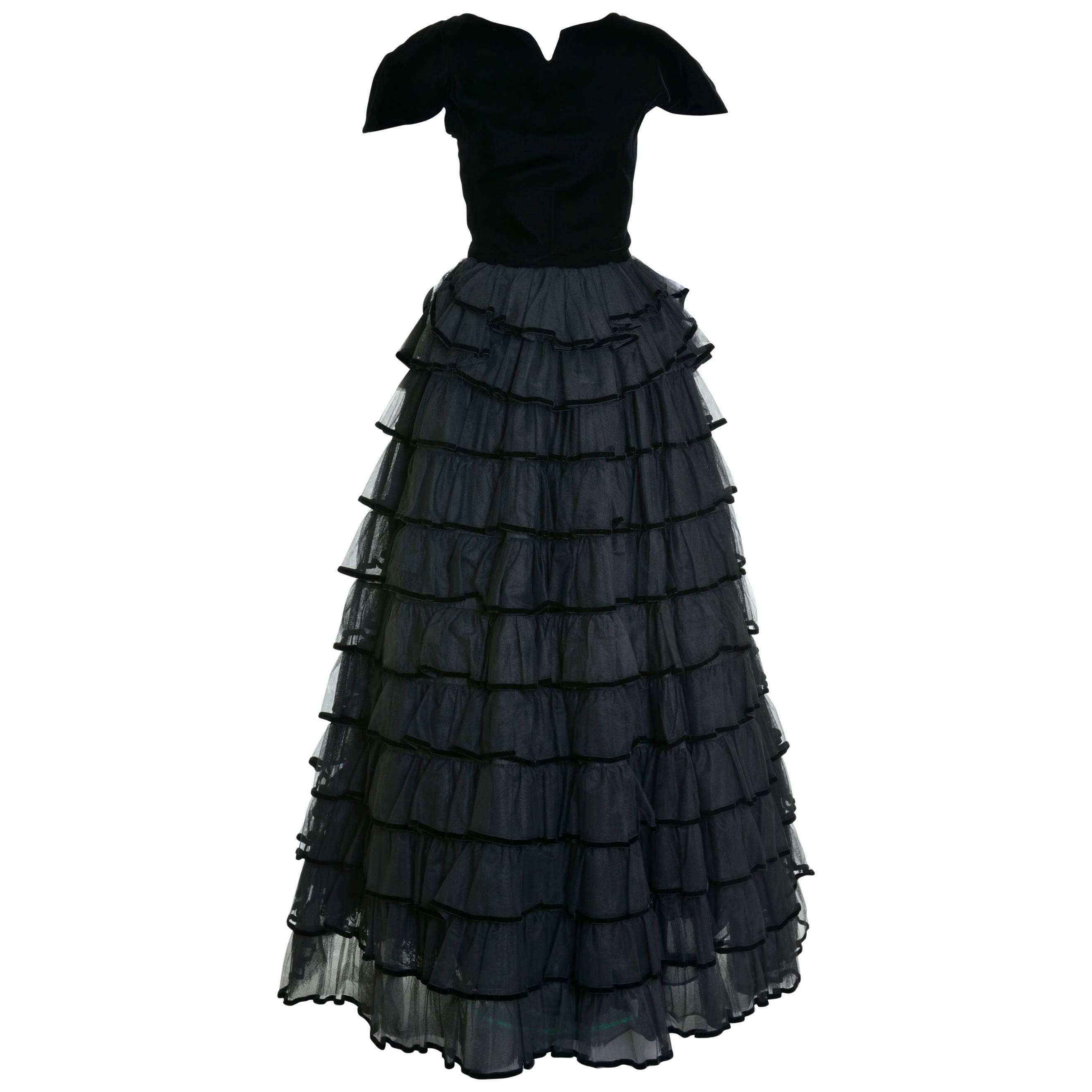 1980s VALENTINO Haute Couture Black Flounce Long Dress For Sale