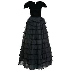 Vintage 1980s VALENTINO Haute Couture Black Flounce Long Dress