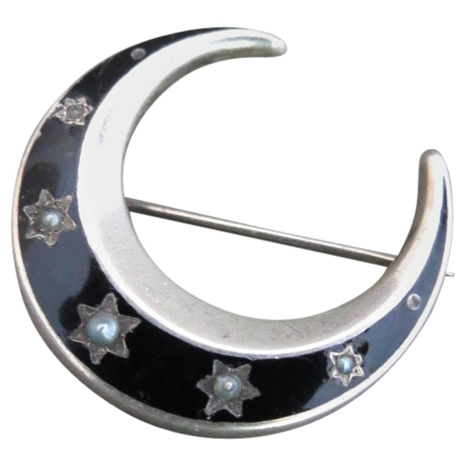 Victorian Silver Crescent Moon Enamel Seed Pearl Brooch For Sale