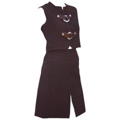 Mod French 1960's Anne Valore Brown Two Piece Dress With Snakeskin Buckles