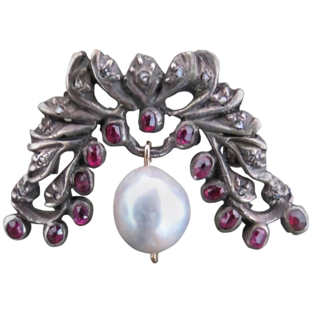 Victorian Silver Rose Cut Diamond Ruby Pearl Brooch For Sale