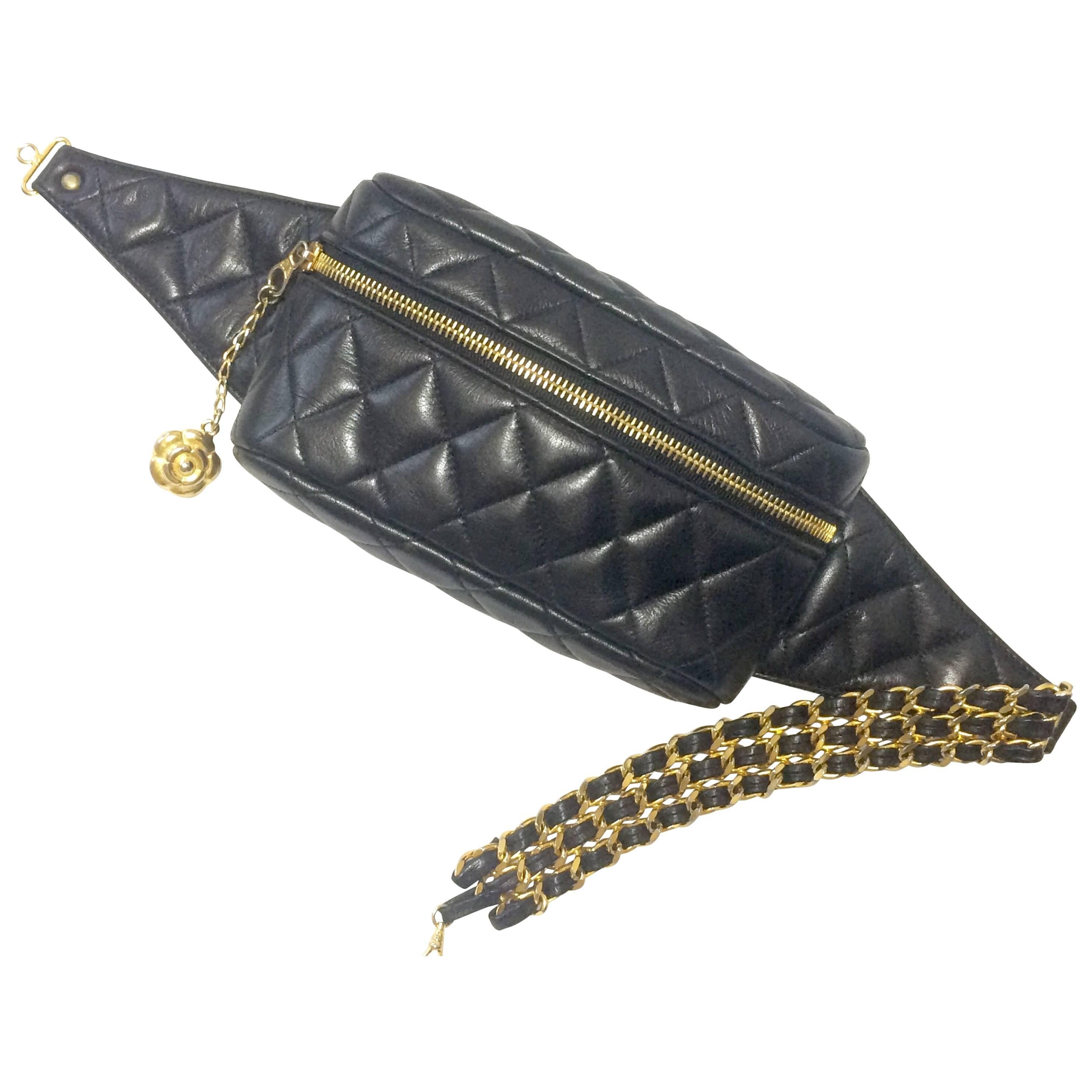 Vintage CHANEL black waist bag, fanny pack with triple golden chain leather belt For Sale