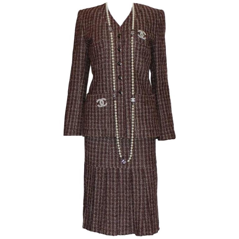 Classy Chanel Pleated Skirt Tweed Suit For Sale at 1stdibs