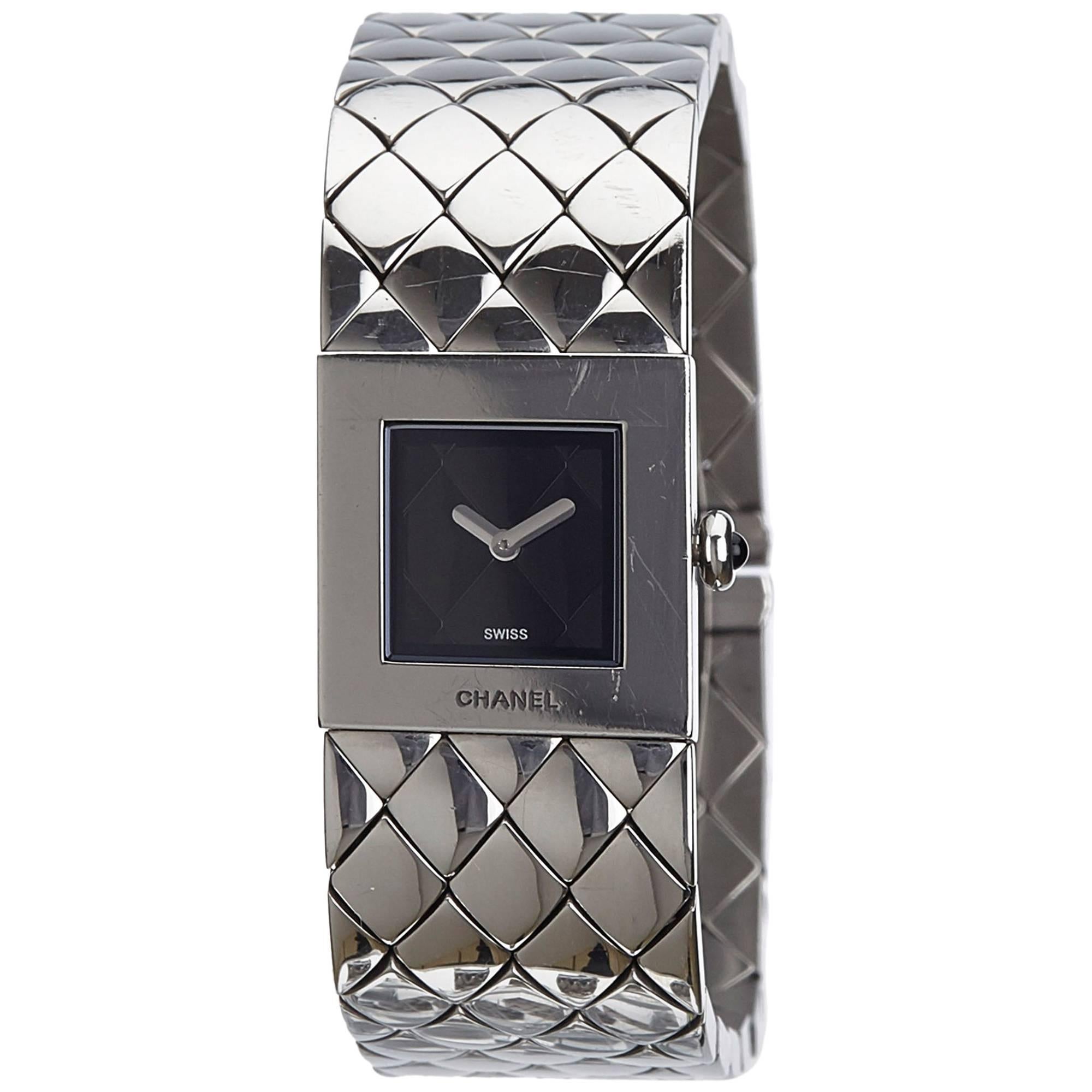 Chanel Classic Silver Metal and Stainless Steel Quilted Mademoiselle Watch 