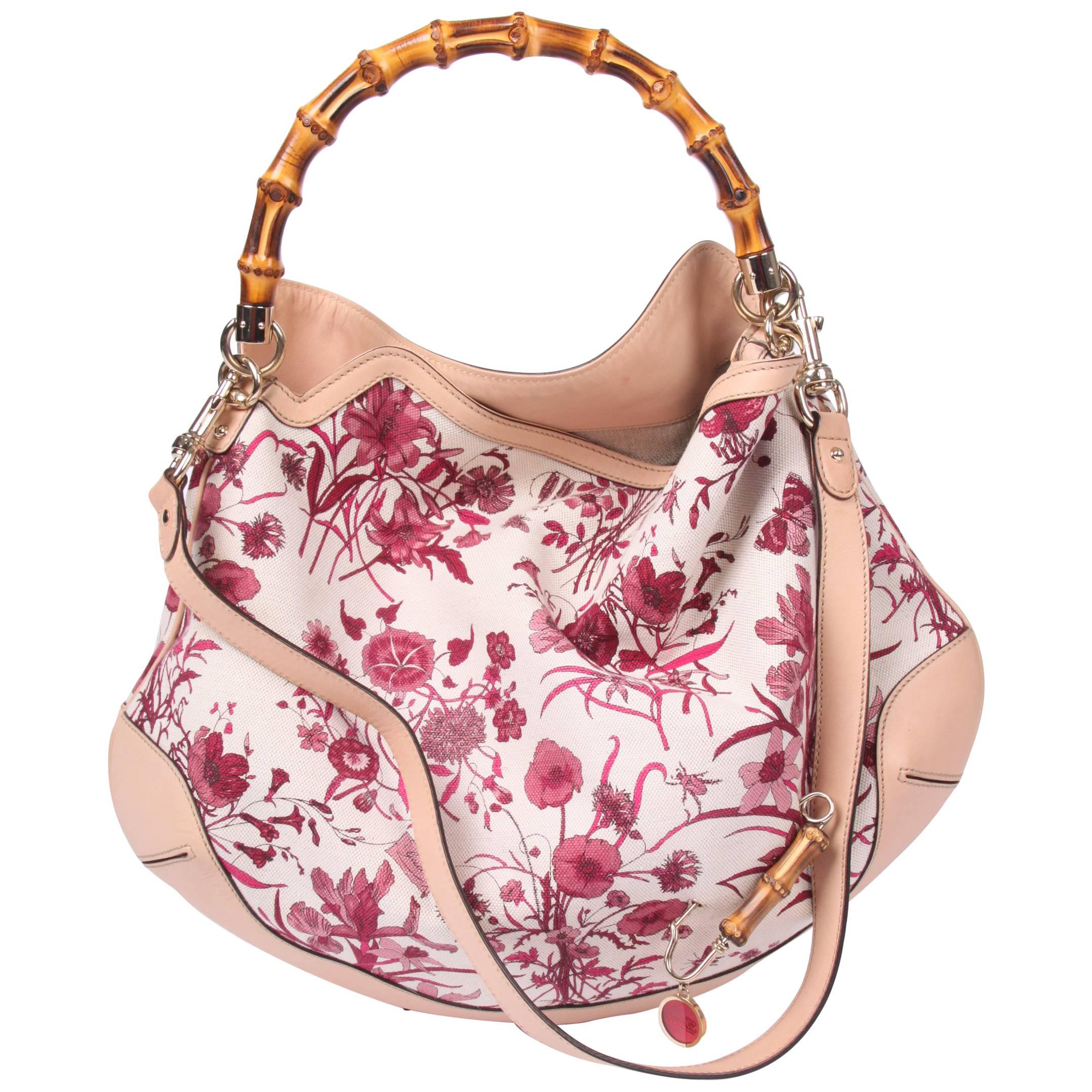  Gucci Canvas Floral Peggy Bamboo Top Handle Hobo - pink