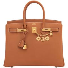 Hermès Sac Birkin Epsom 35 cm en cuir doré et brun clair, finitions métalliques dorées, rare